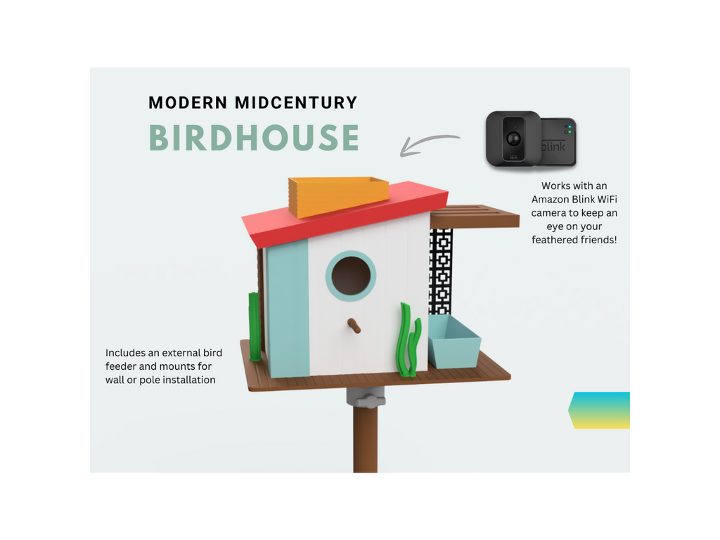 Retro Mid-Century Birdhouse with Built-In Feeder & Blink Camera Mount