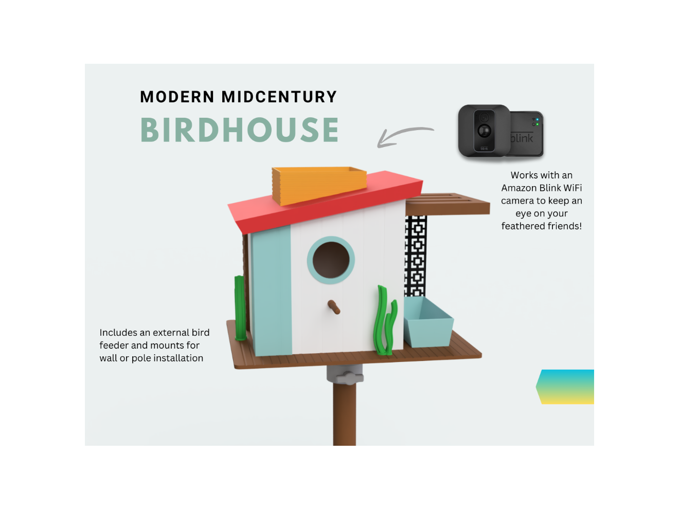 Retro Mid-Century Birdhouse with Built-In Feeder & Blink Camera Mount