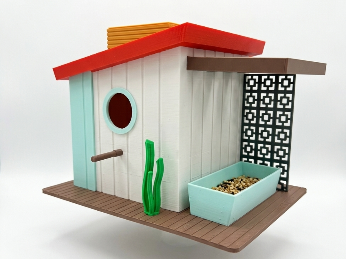 Retro Mid-Century Birdhouse with Built-In Feeder & Blink Camera Mount